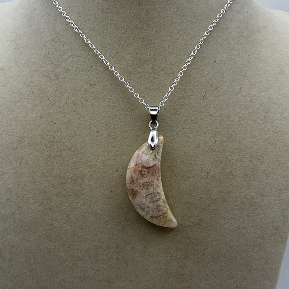 None Jewelry - Coral Fossil Jade Crescent Moon Pendant Necklace on Silver Chain